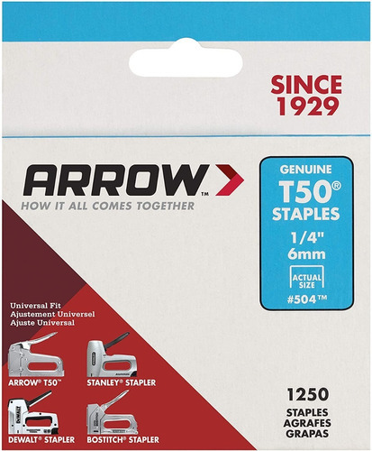 Grapas Arrow T50 1/4   (6mm) Caja 1250 Unidades  50424sp