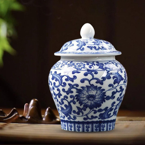 Jarra Templo De Porcelana Chinesa Azul E Branca Com Tampa
