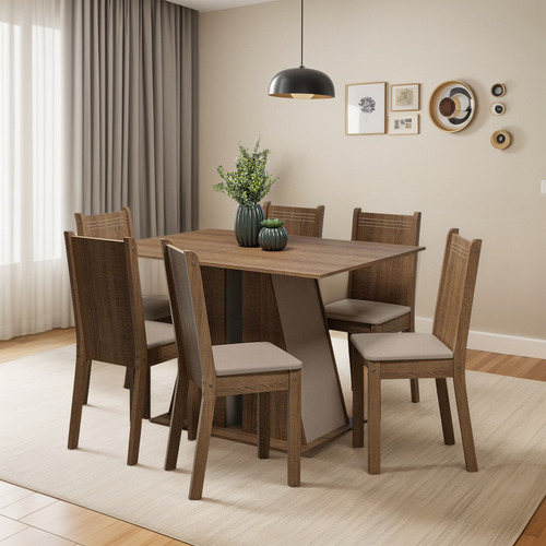 Juego De Comedor Mesa Y 6 Sillas Madesa Sharon Mcb Color Marron/Crema/Beige Diseño de la tela de las sillas Liso