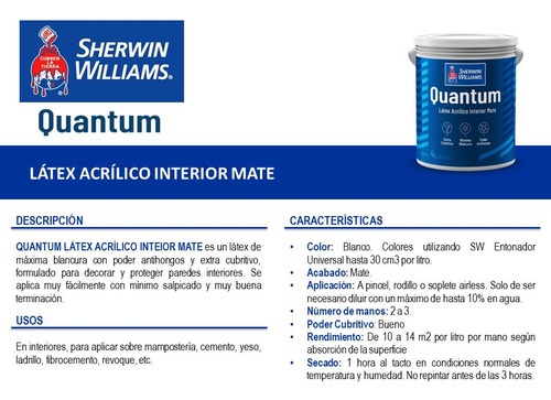 Pinturas Sherwin Williams Quantum Interior Mate Bco 20 Lts