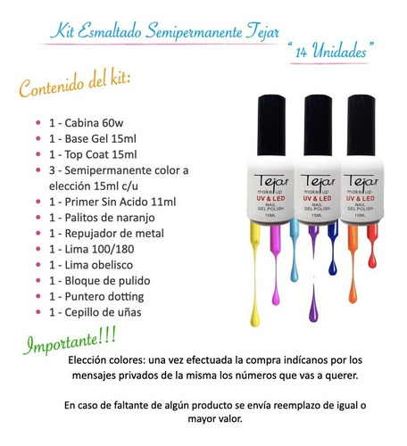 Imagen 3 de 10 de Kit Inicial X 14u Tejar Manicuria Esmalte Semi Cabina Led Uv