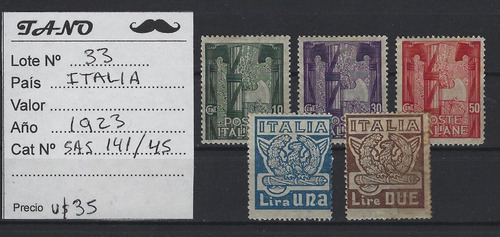 Lote33 Italia 5 Estamp. Año 1923 Sassone#141/45 Nuevas