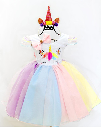 Vestido Do Unicórnio Raimbown Rosa Festa Infantil Temático