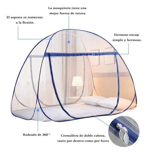Banna Blue Mosquitera Desplegable De Doble Puerta En Forma De U De Gran Tamaño 200*180*180cm (l*a*a) Para Cama De Matrimonio, Cama Individual Grande O Cama Doble Pequeña. Fácil De Instalar, Plegable
