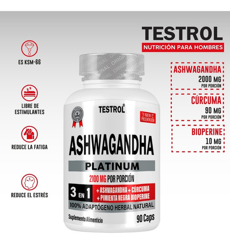 Imagen 3 de 8 de Ashwagandha Platinum 2100mg Testrol 3 In 1 90 Cápsulas