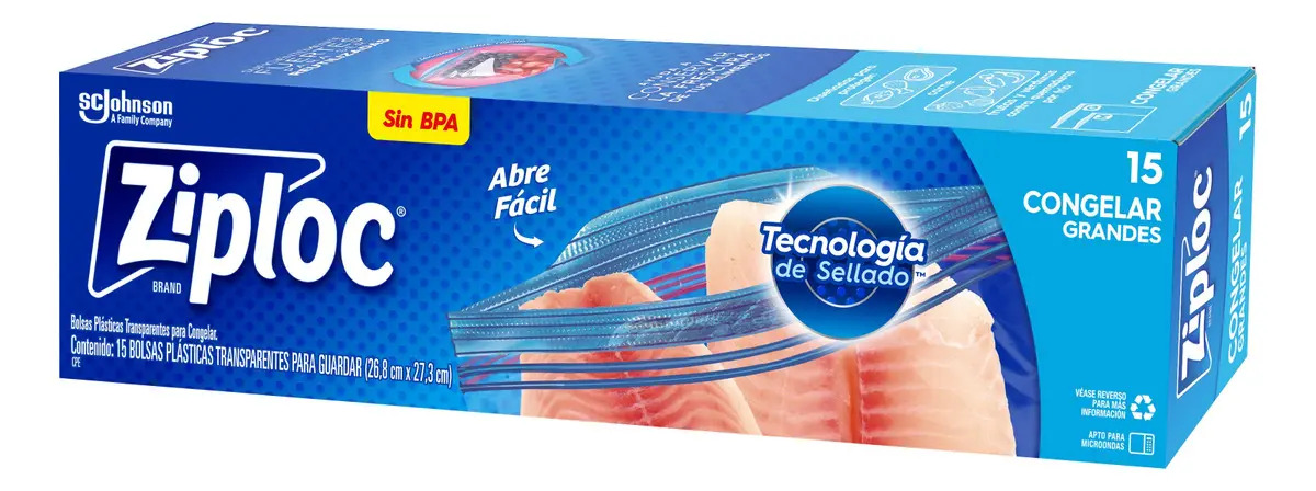 Bolsas de Plástico Reutilizables Ziploc para Congelar con Doble Cierre, 1 Paquete con 15 Bolsas de Tamaño Grande