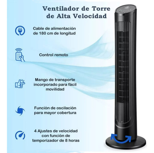 Ventilador De Torre 40 De 4 Vel Con Temporizador Y Control 73.66 Cm 60 Hz Negro Plástico