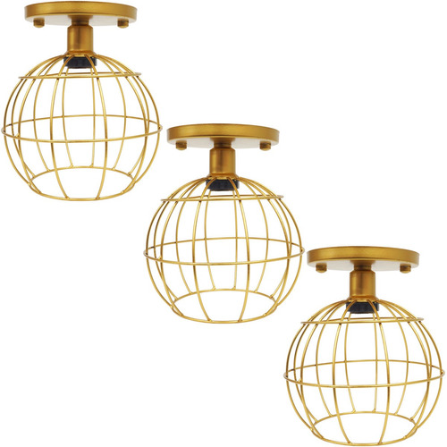 3 Lustres Plafon Industrial Aramado Globo Retrô Dourado