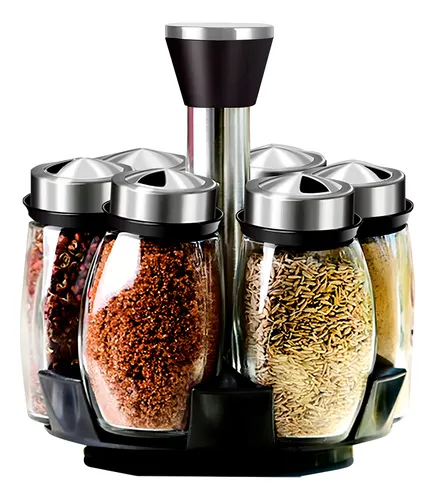 Especiero Giratorio 6 Frascos Vidrio Con Tapa Inox 120ml C/u