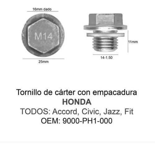 Tornillo Tapón Carter Aceite 14-1.50 Con Arandela Honda