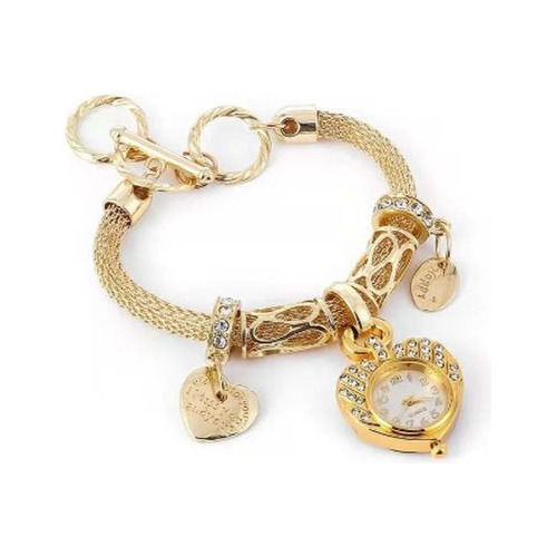 Reloj Brazalete Con Dije Corazón Metal Dorado Plateado 058 