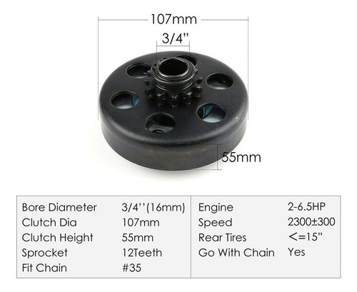 Go Kart Clutch 3/4 Bore 12t Con Cadena #35, Embrague