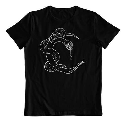 Polera Negra Algodon Estampado Dtf Serpiente En Luna Arte