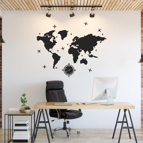 Cuadro Mapamundi Planisferio 180x100cm Con Reloj Brujula