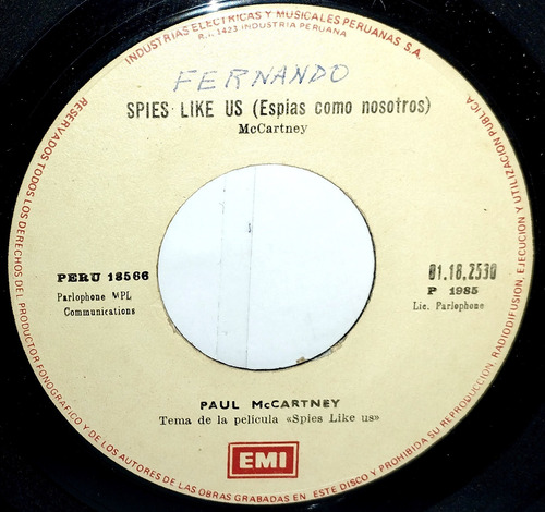 Single 45 Paul Mc Cartney - Spies Like Us + My Carnival 1985