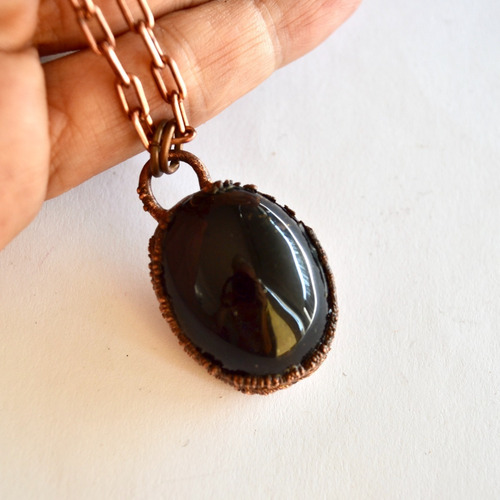 Imagen 2 de 8 de Collar Dije Espejo De Obsidiana Negra, Cadena De Cobre, Cod1