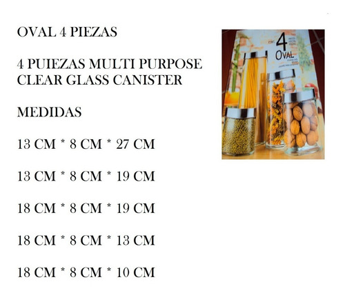 Potes Envases Cocina Vidrio Tapa Acero 4 Piezas Marca Oval