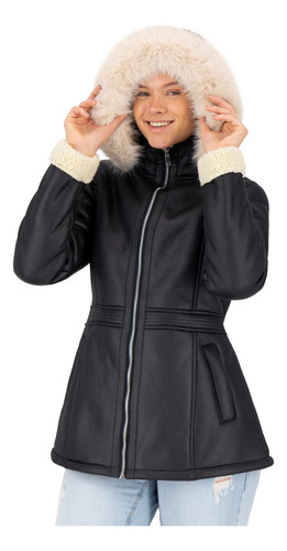 Chamarra Para Mujer Piel Sintertica, Gorro Y Peluche Sakers