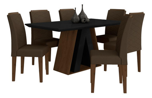 Mesa De Jantar 1,60 6 Cadeiras Suiça Imbu/preto/marro - M.a Cor Imbuia/preto/marrom 04 Desenho do tecido das cadeiras Suede