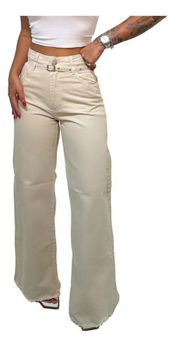 Calça Jeans Modelo Wide Leg Com Cinto Pantalona Feminina