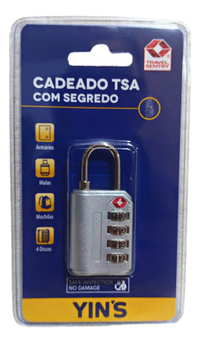 Cadeado Tsa 4 Segredos P/ Mala Bolsa Mochila Yin's Cor Prata