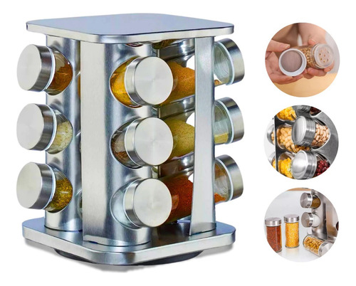 Porta Temperos Giratório Inox 13 Peças Com 12 Potes De Vidro
