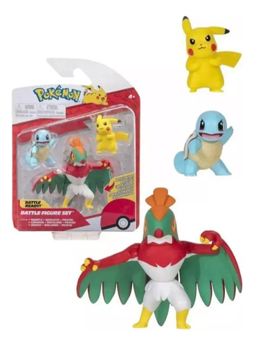 Pokémon Battle Set X3 Figuras - Squirtle, Hawlucha, Pikachu-