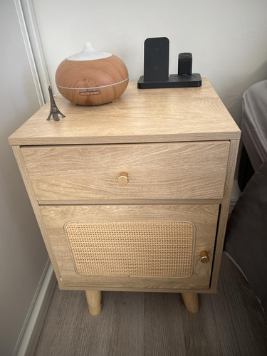 Mesita De Noche De Ratán Y Madera Con Cajón, Bohemia