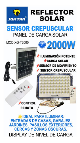 Reflector Luz Led Panel Solar Exterior Ip66 Control Remoto Negro