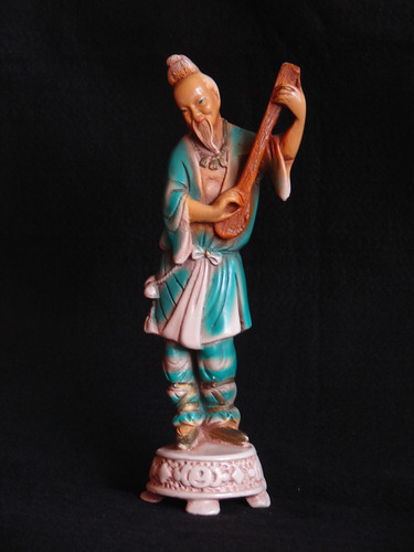 Estatuilla Antigua De Anciano Chino Con Laúd Marfil Y Verde (Usado)