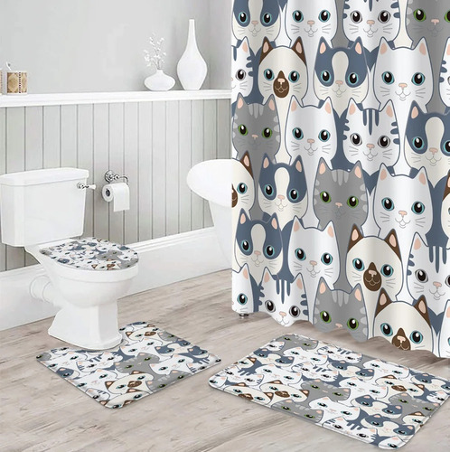 Set De Cortina De Ducha Con Gato Y Gatito Dedibujos Animados