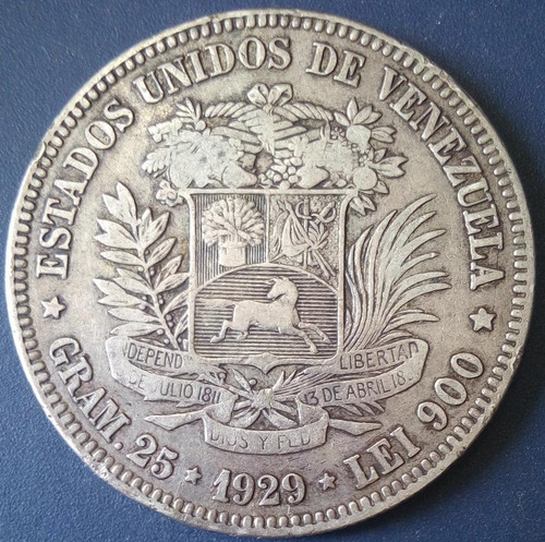 Moneda De 5 Bolívares De 1929 Fuerte De Plata