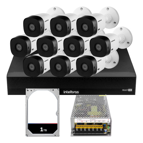 Kit Cftv 10 Cameras 2mp 1220 Dvr Intelbras 1016c 1tb S/ Cabo