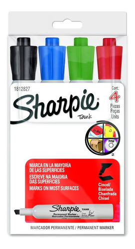 Sharpie Marcador Permanente Punta Biselada Tank X4 Colores