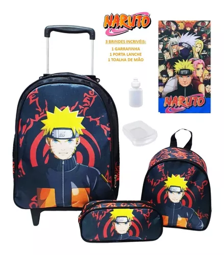 Kit Mochila De Rodinhas Grande Menino Naruto Aula + Toalha