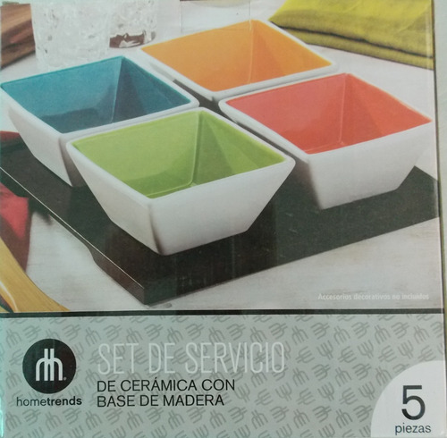 Set De Tazones Cerámica Con Base De Madera Marca Hometrends