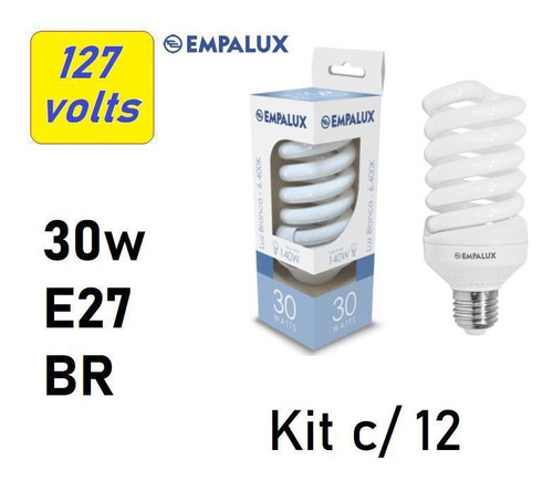 12 Lâmpadas Fluorescente Espiral 30w 127v 6.400k E27 Luz Br