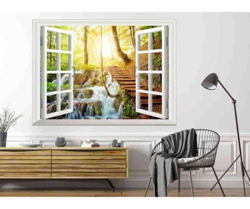 Vinilo Ventana 3d Cascada Paisaje Naturaleza Decorativo