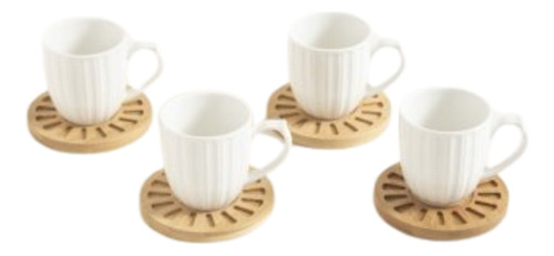 Set X 4 Tazas De Porcelana Rayadas Plato De Bamboo 160ml