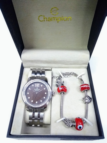 Kit Relógio+ Pulseira Feminino Champion Cn29954 Prata Strass