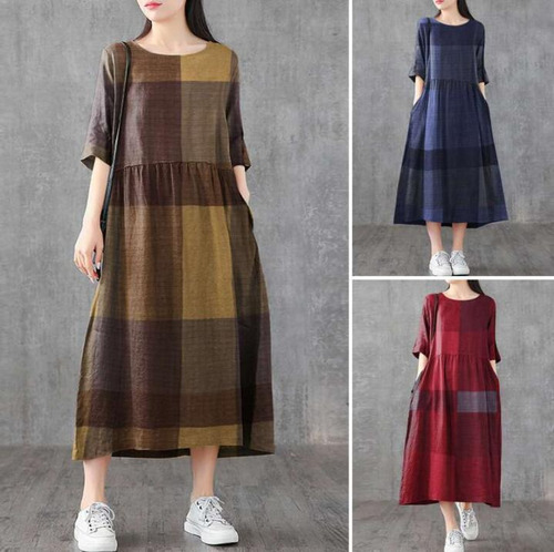 I Vestido Retro Casual A Cuadros De Algodón Y Lino Para