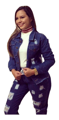 Jaqueta Feminina Jeans Manga Longa Bolsos Botões Casaco Moda