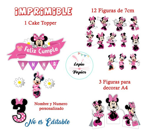 Cake Topper Imprimible Personalizado Minnie Rosa