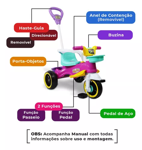 Totoka Triciclo Infantil Motoca Plus Com Apoio Proteção Haste P