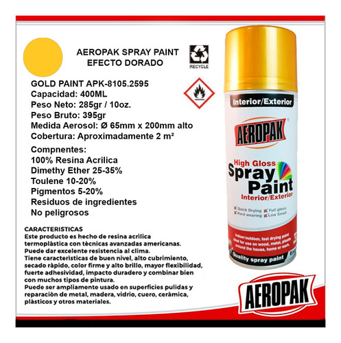 Imagen 2 de 7 de Aerosol Pintura Spray Aeropak Efecto Dorado 285gr/400ml