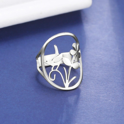 Imagen 6 de 8 de Anillo Pajaro Flor Mujer Ajustable Acero Plata Minimalista