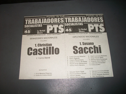 Partido De Los Trabajadores . Boleta Electoral 14/10/2001 .