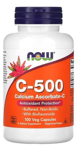 Vitamina C-500 Ascorbato de calcio-C Now Foods, 100 cápsulas vegetales, sabor sin sabor