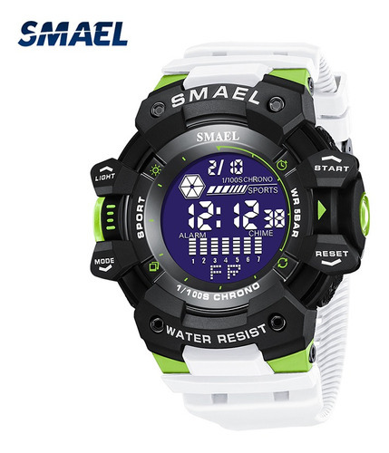 Relógio digital impermeável de luxo Smael para homens, cor da pulseira branca e verde