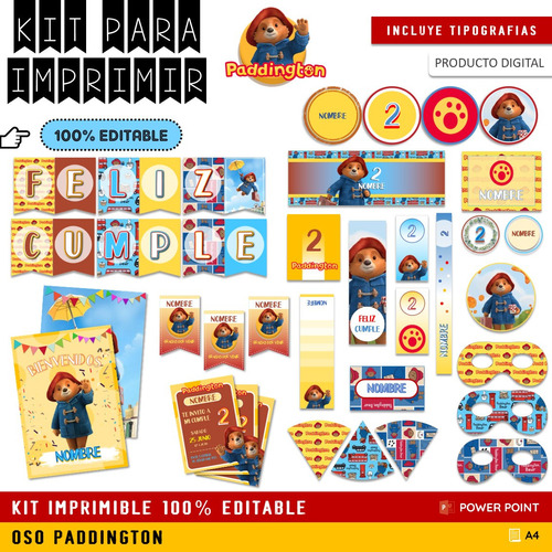 Kit Imprimible Cumple + Candy Editable - Oso Paddington